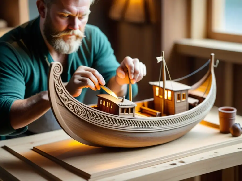 Un artesano experto esculpe con precisión un modelo de barco vikingo en madera, con detalles intrincados tomando vida bajo sus manos expertas