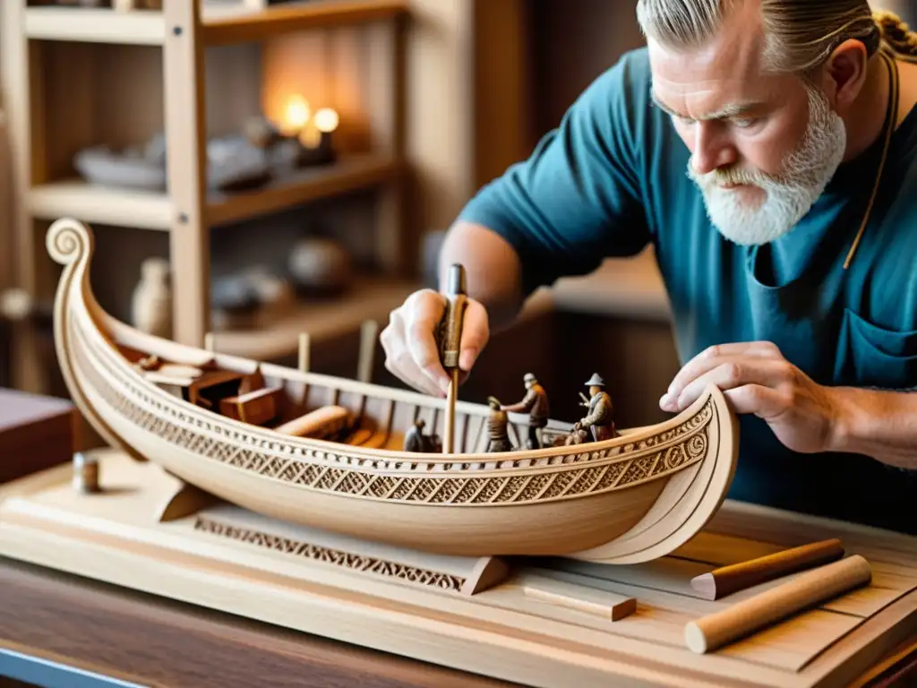 Un artesano experto esculpe con precisión un modelo en miniatura de un barco vikingo, rodeado de herramientas de carpintería tradicionales