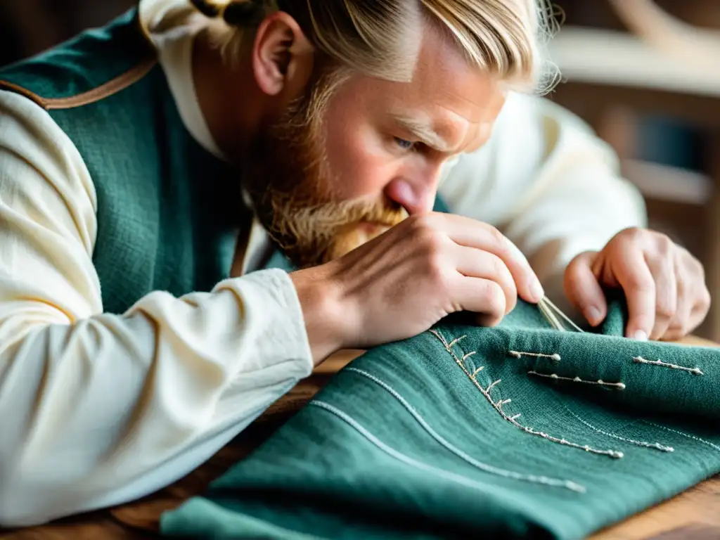 Un artesano experto bordando con precisión en una réplica de ropa vikinga de calidad