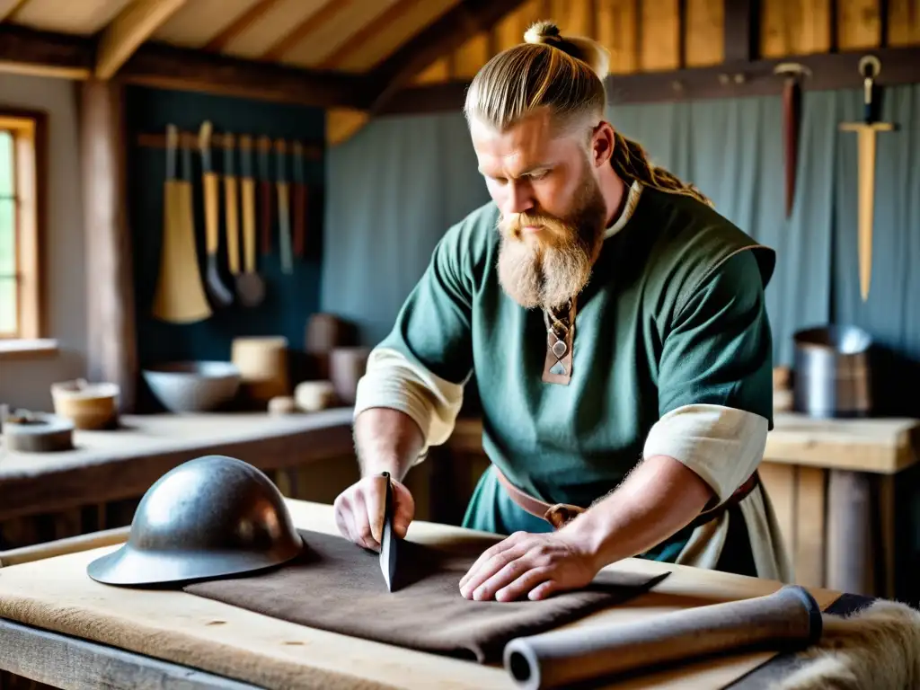 Un artesano experto confecciona una réplica de alta calidad de una túnica vikinga, mostrando dedicación y maestría en su trabajo