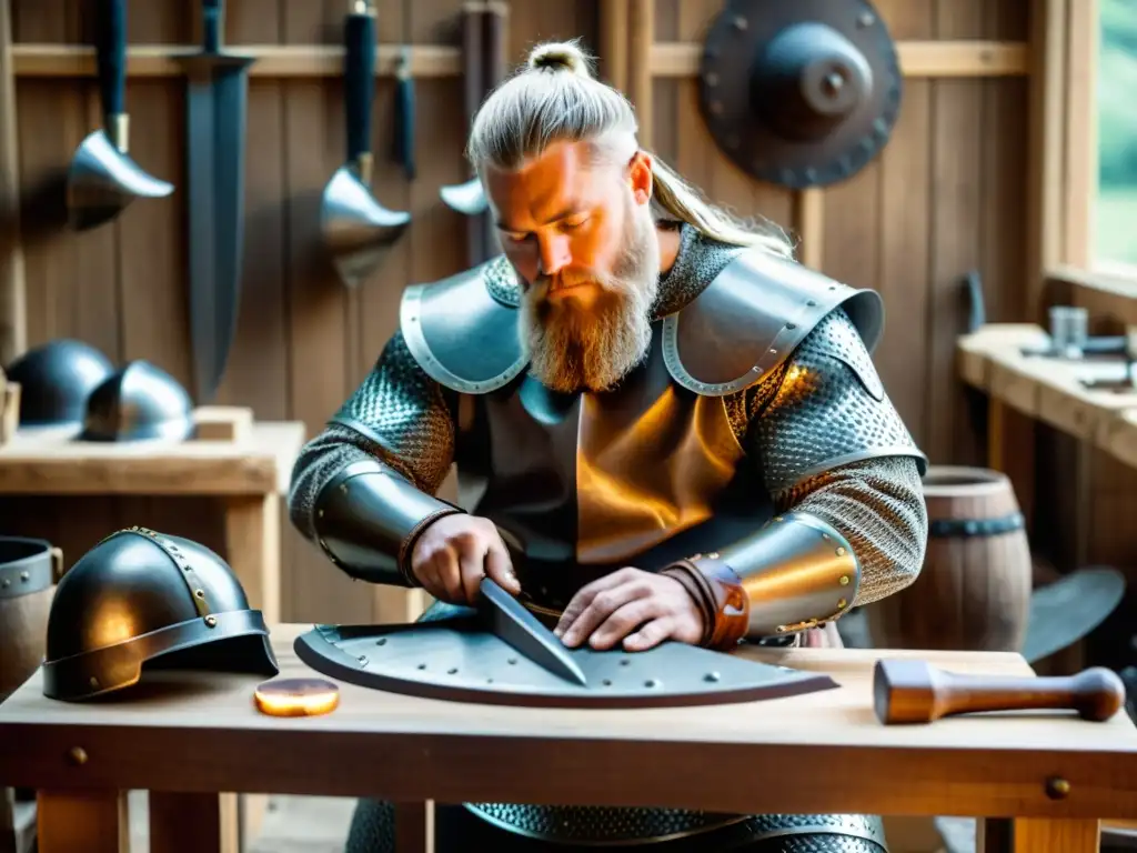 Un artesano experto elabora meticulosamente una réplica de armadura vikinga rodeado de herramientas, destacando la artesanía y dedicación requeridas