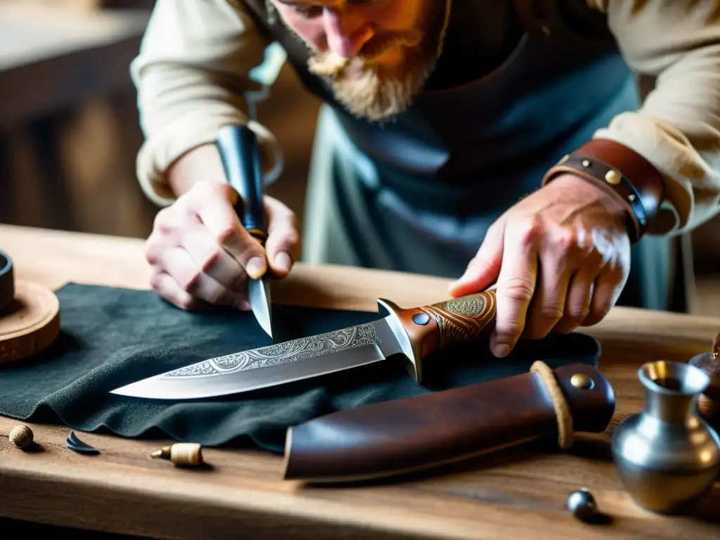 Un artesano experto crea una réplica auténtica de un cuchillo vikingo en un taller histórico