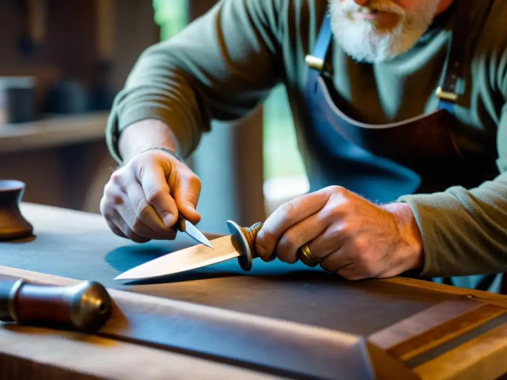 Un artesano experto forja una réplica de daga vikinga en su taller histórico iluminado tenue