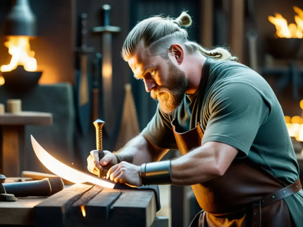 Un artesano experto forja una réplica de espada vikinga en un taller oscuro, rodeado de herramientas y materiales brutos