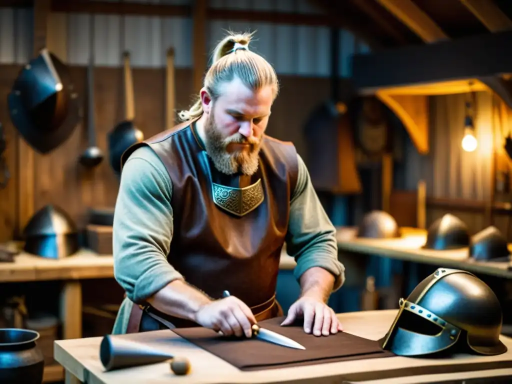 Un artesano experto crea réplicas auténticas de armaduras de batalla vikingas en un taller iluminado