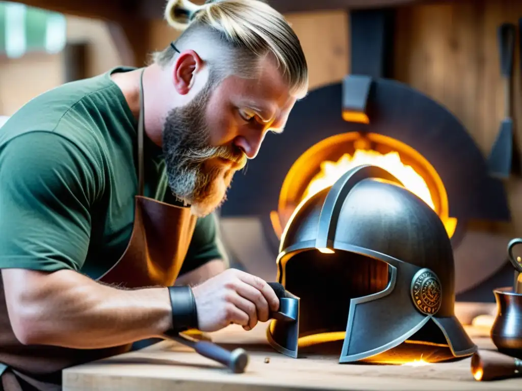 Un artesano experto crea meticulosamente réplicas de Cascos Vikingos de Hierro en un taller moderno, rodeado de herramientas