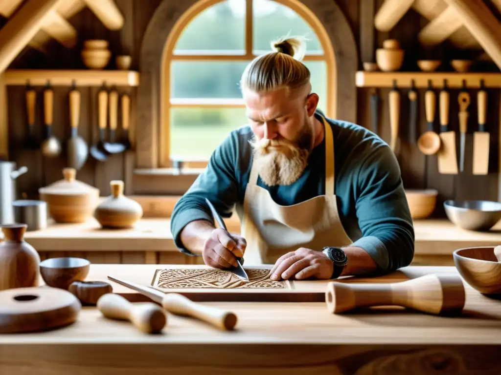 Un artesano experto tallando símbolos vikingos en utensilio de cocina de madera