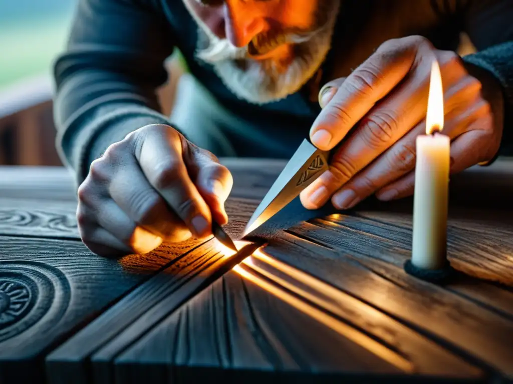 Un artesano experto talla con precisión runas vikingas en madera oscura, iluminado por una vela