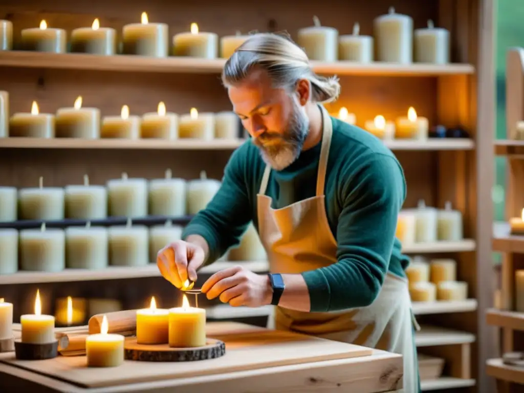 Un artesano experto en un taller de fabricación de velas estilo nórdico, creando velas con técnicas ancestrales