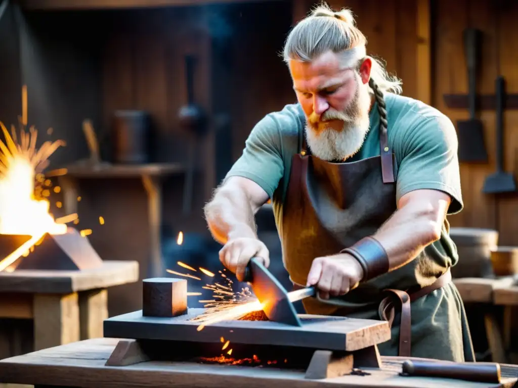 Artesano forja réplica arma vikinga elección con técnicas tradicionales de herrería, chispas vuelan en su taller