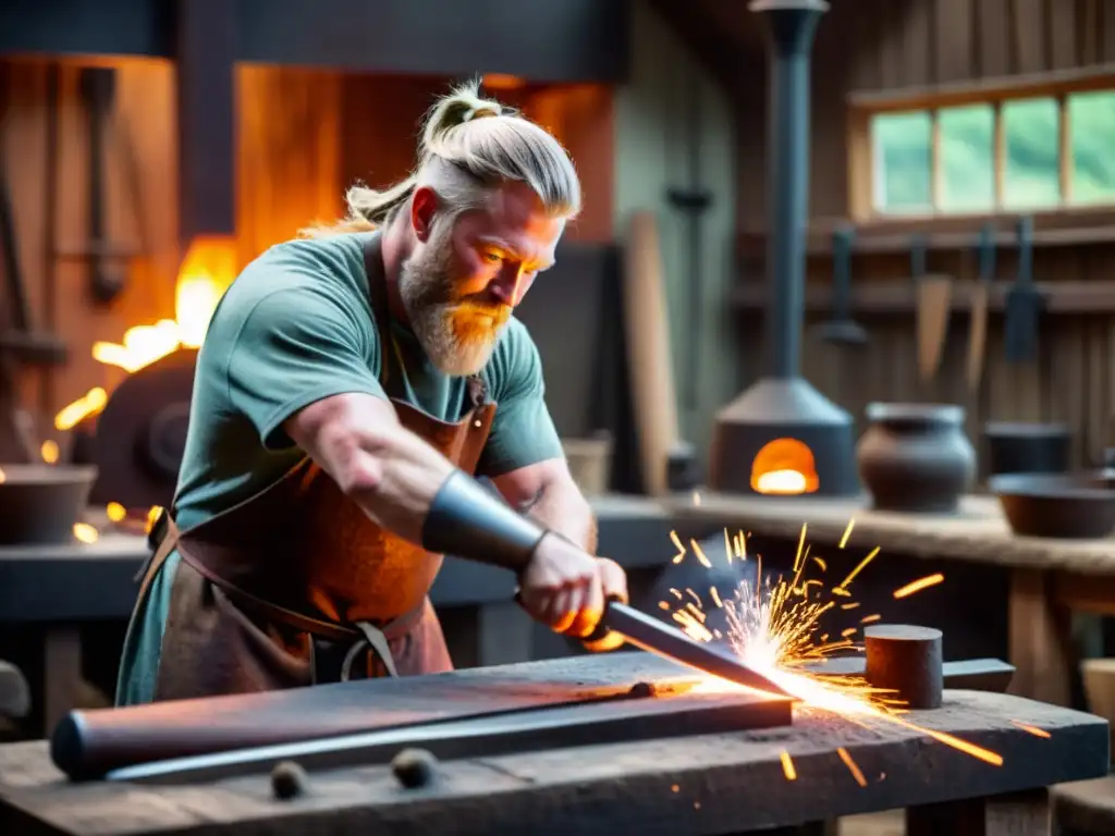 Artesano forja réplica de espada vikinga en taller tradicional, metal incandescente, chispas volando, herramientas y artefactos vikingos