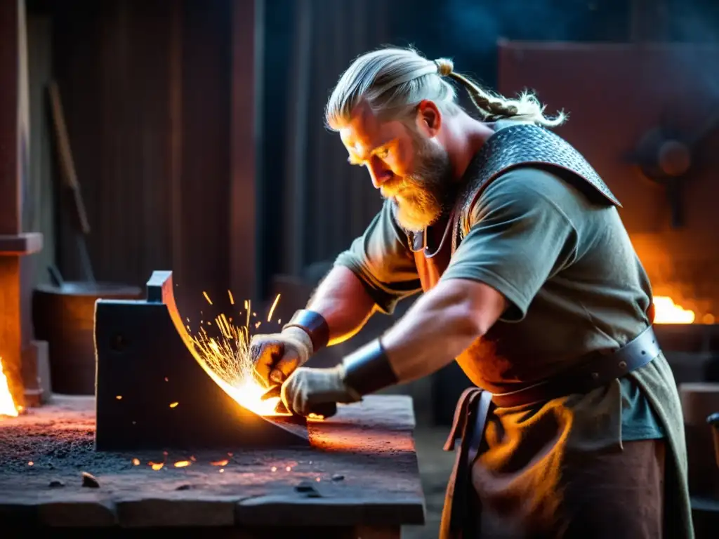 Un artesano forja réplicas de armaduras era vikinga en un taller sombrío, iluminado por la fragua ardiente