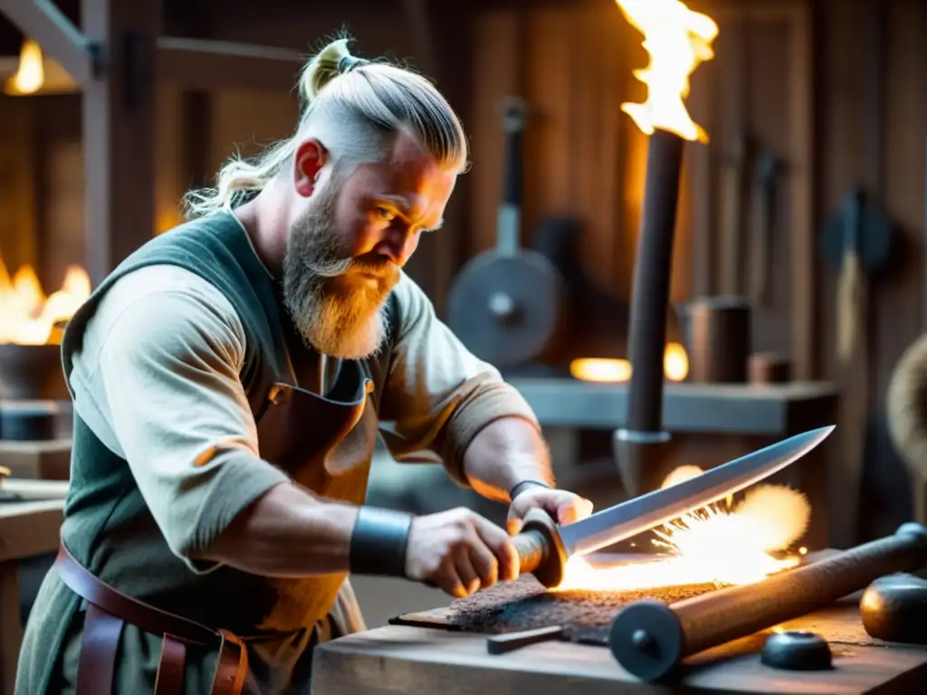 Artesano forja réplicas de armas vikingas auténticas en taller iluminado por fuego y herramientas antiguas