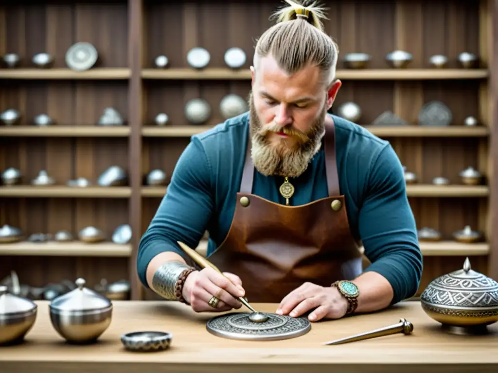 Un artesano hábil creando un broche vikingo, rodeado de herramientas y metales usados en joyas vikingas