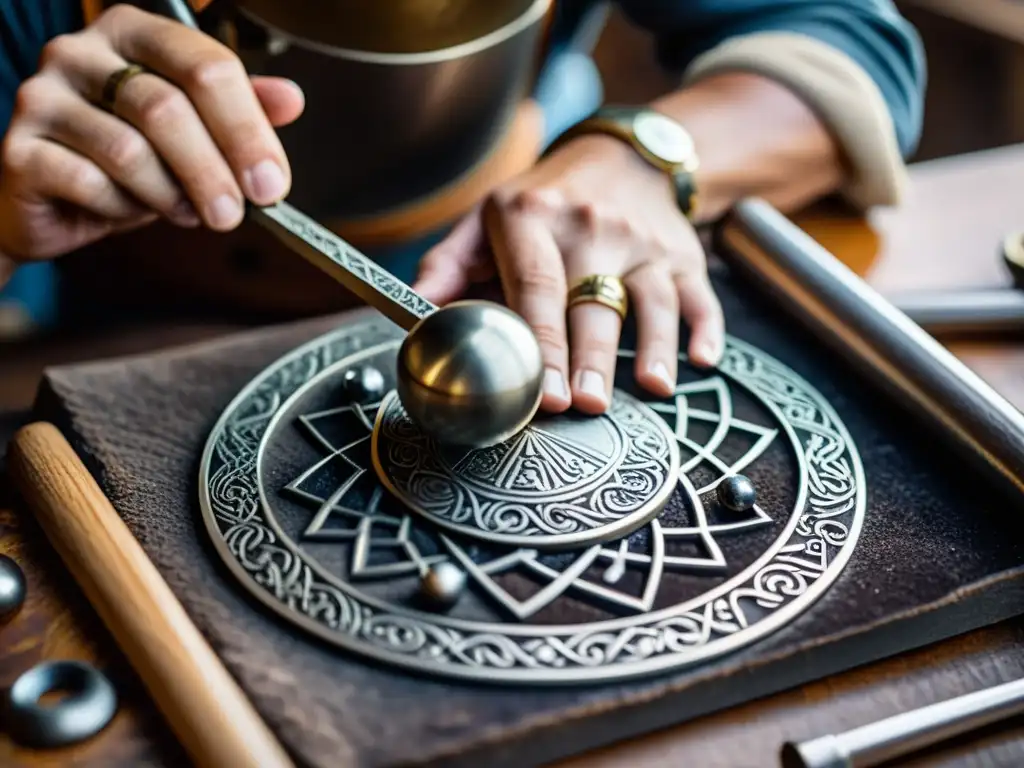 Un artesano hábil creando una joya vikinga con detalle, usando herramientas tradicionales