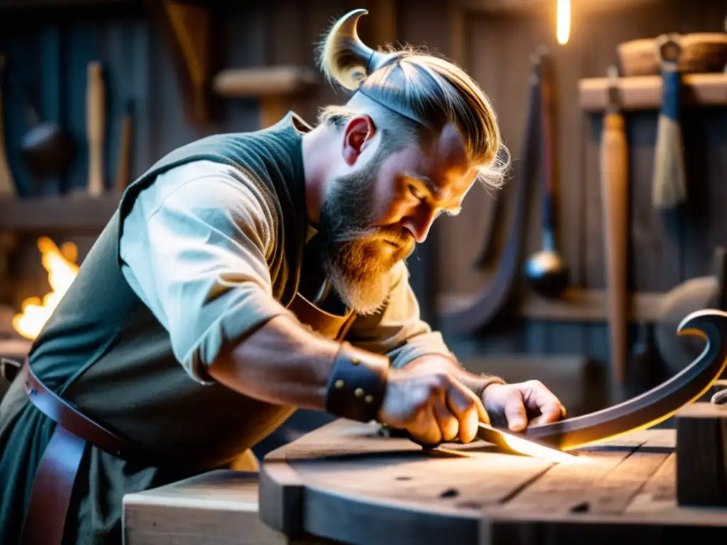 Un artesano hábil elaborando una réplica de arma vikinga con precisión en su taller oscuro