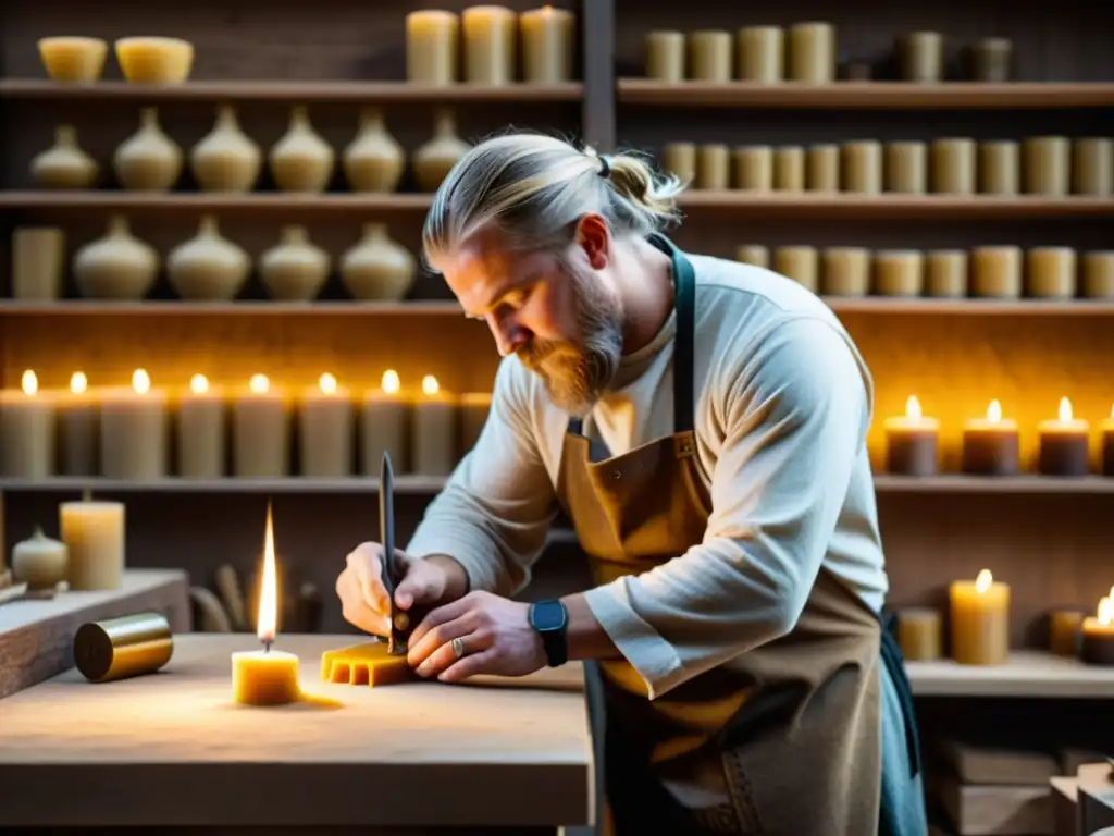 Un artesano hábil tallando símbolos vikingos en una vela de cera dorada en un taller de fabricación de velas estilo nórdico