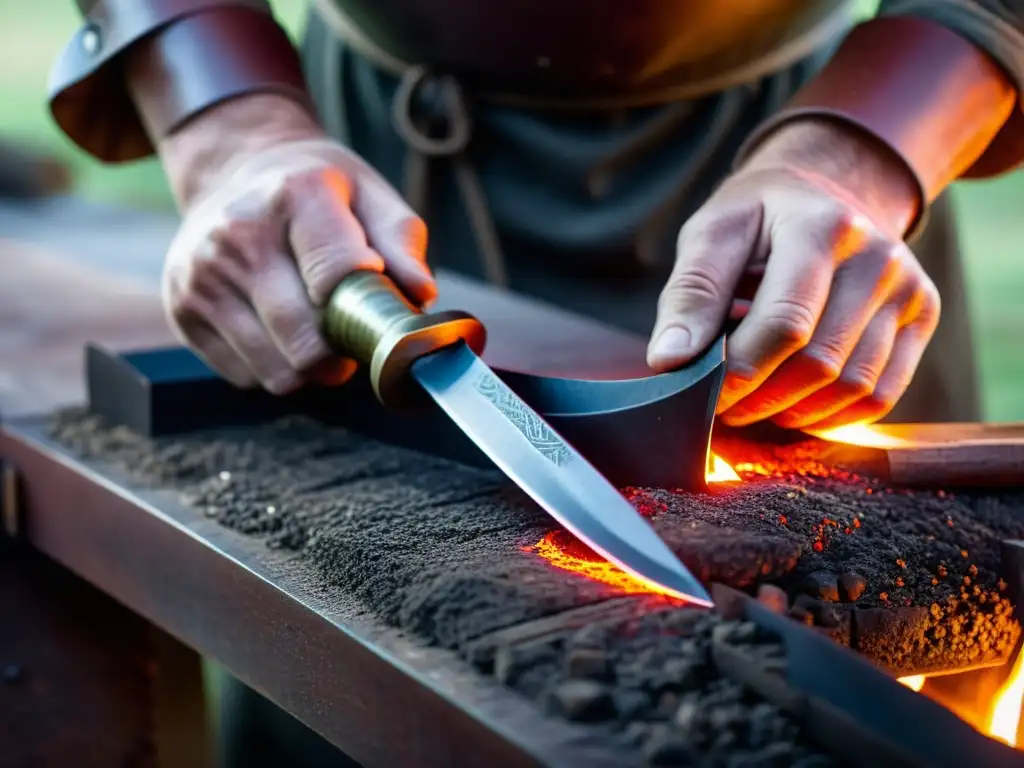 Un artesano forja con habilidad una réplica auténtica de un cuchillo vikingo, mostrando el proceso de creación con detalle y precisión