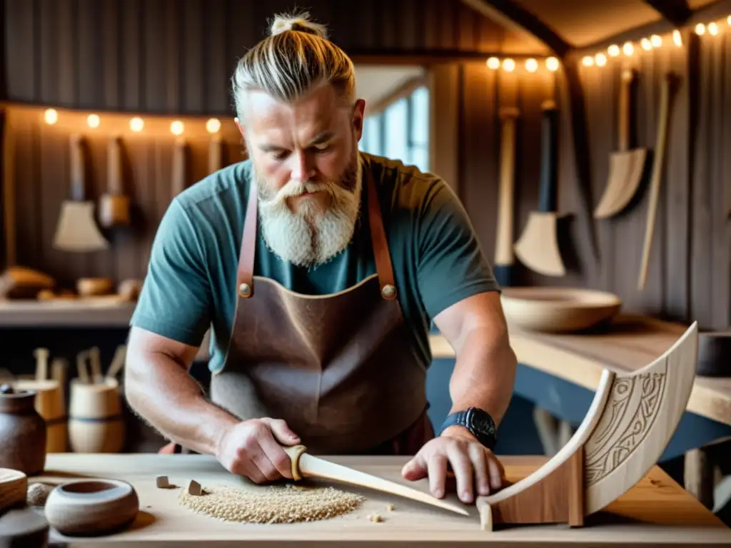 Artesano tallando una nave vikinga con maestría en madera Un artesano habilidoso esculpe un detallado barco vikingo rodeado de herramientas tradicionales en un taller escasamente iluminado, capturando la esencia de la artesanía vikinga en un entorno moderno