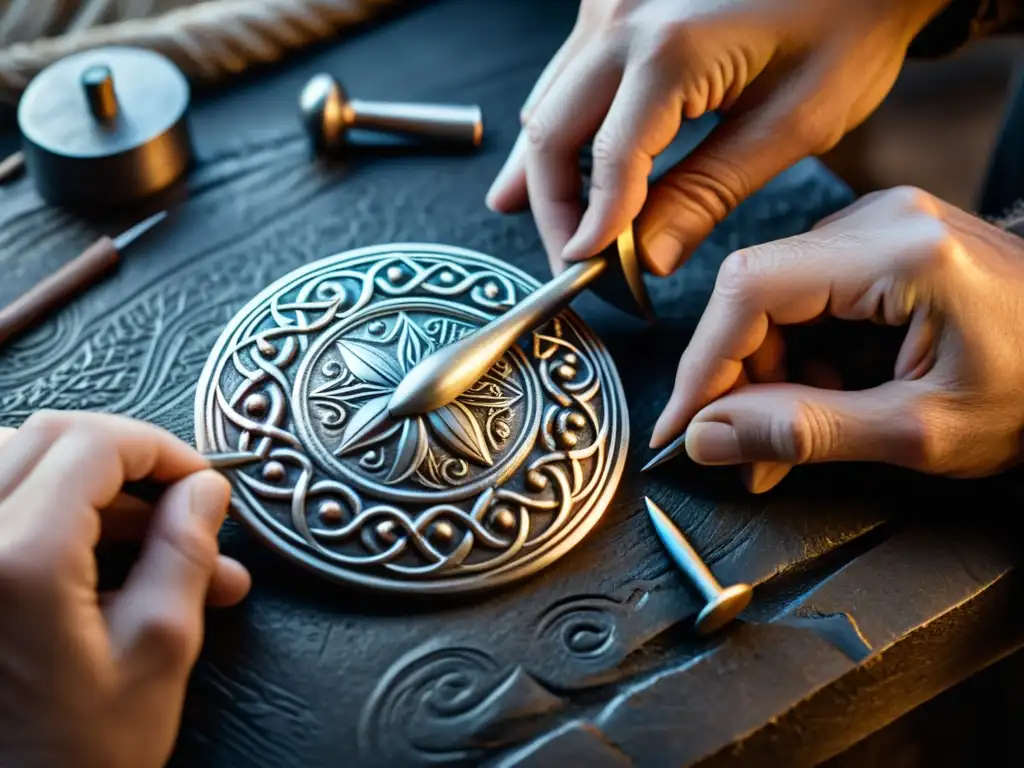 Un artesano crea un intrincado colgante vikingo de plata en un taller tradicional