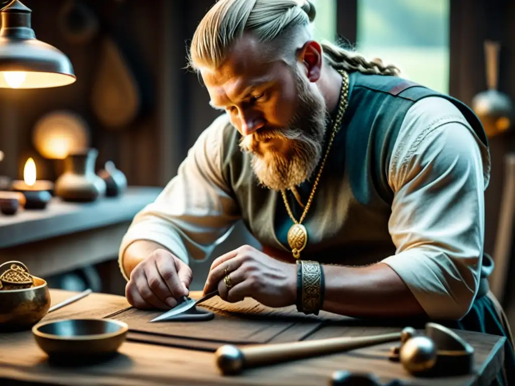 Un artesano hábil crea una joya vikinga rodeado de herramientas antiguas