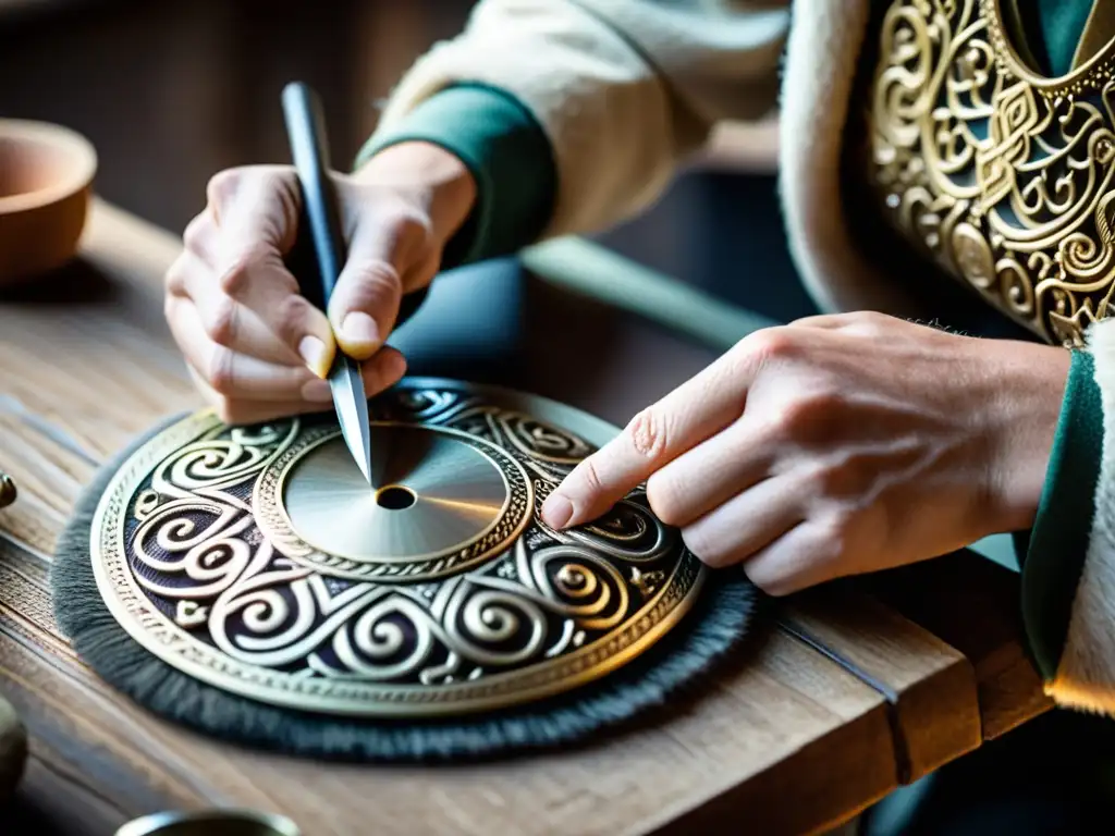 El artesano crea joyas vikingas con influencia de la mitología, mostrando detalle y tradición