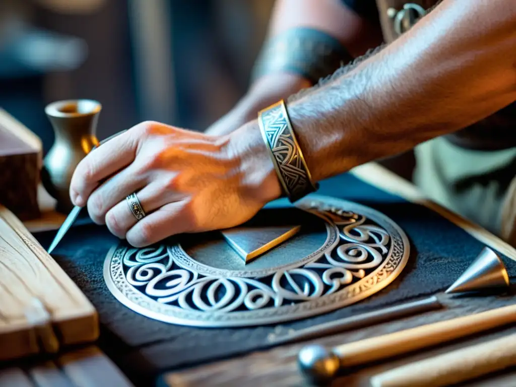 Artesano creando joyas vikingas a mano con detalle y destreza en taller rústico