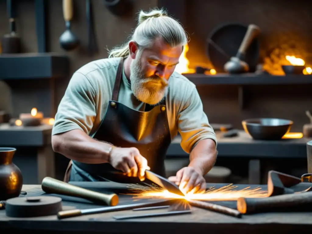 Un artesano crea joyas vikingas a mano en su taller, rodeado de herramientas tradicionales y metal caliente