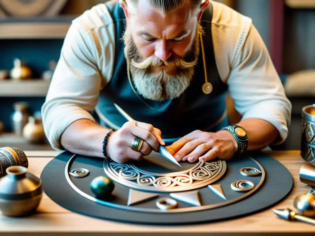 Artesano creando joyas vikingas rodeado de herramientas tradicionales y materiales como metal y gemas