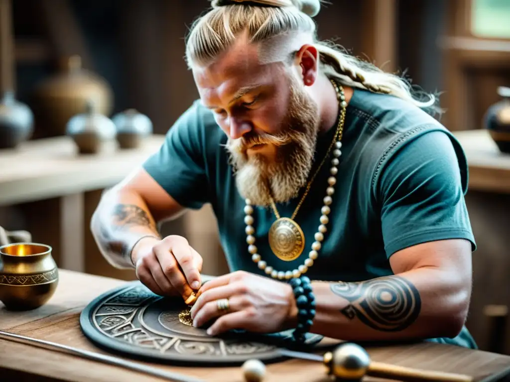 Artesano creando joyas vikingas con símbolos mitológicos, concentrado en la precisión y la tradición ancestral