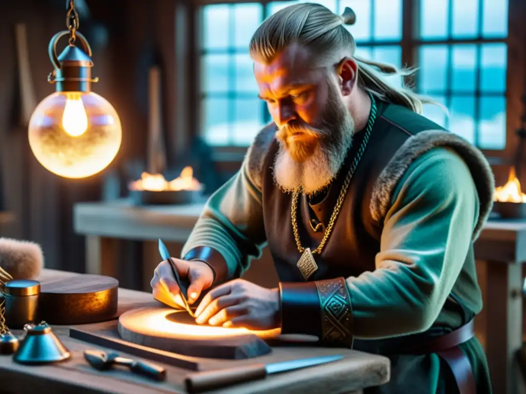 Un artesano hábil crea joyería vikinga inspirada en auroras boreales, rodeado de herramientas y materiales