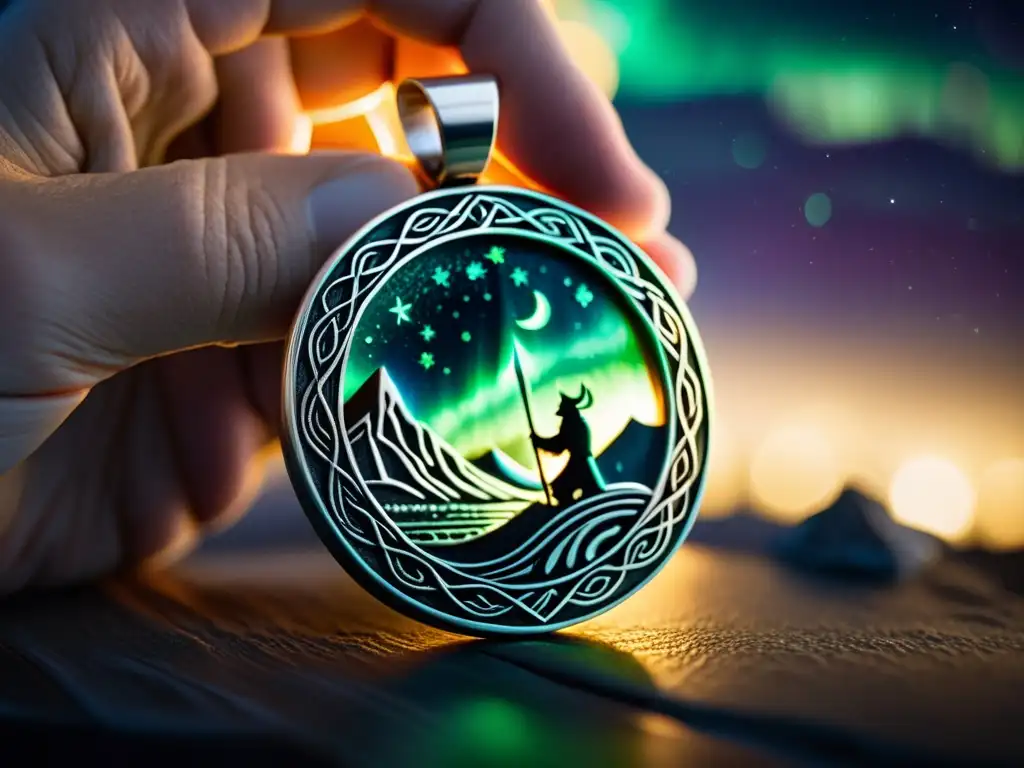 Un artesano crea una joyería vikinga inspirada en auroras boreales bajo el cielo nocturno