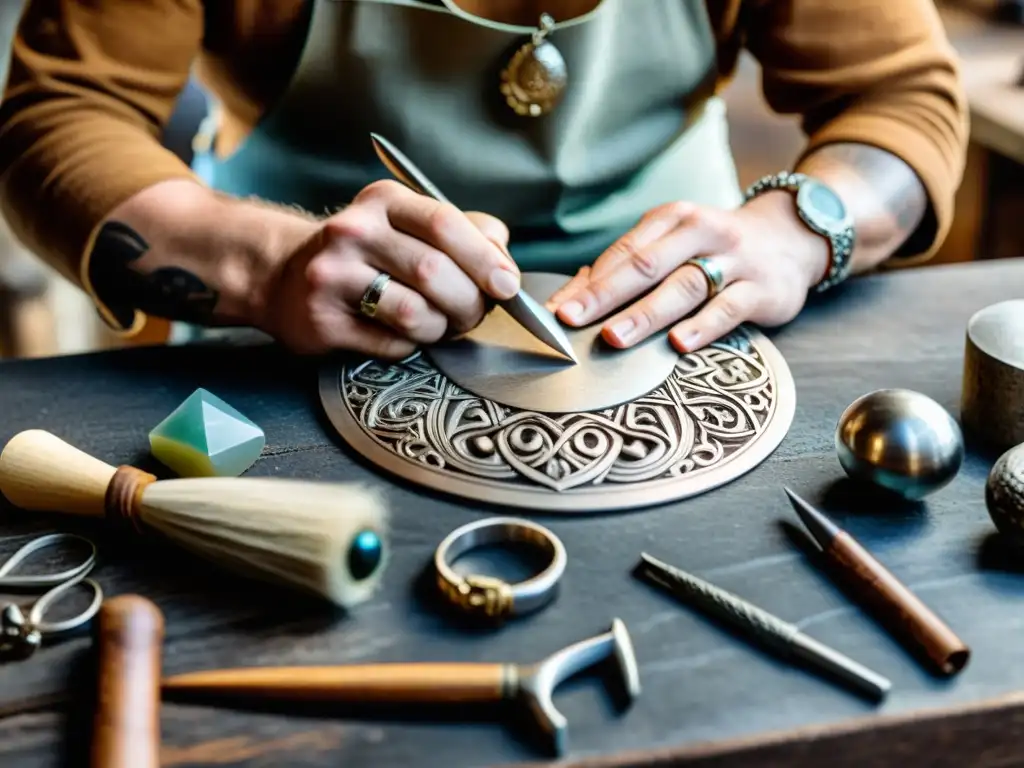 Un artesano hábil crea joyería vikinga en un taller rústico