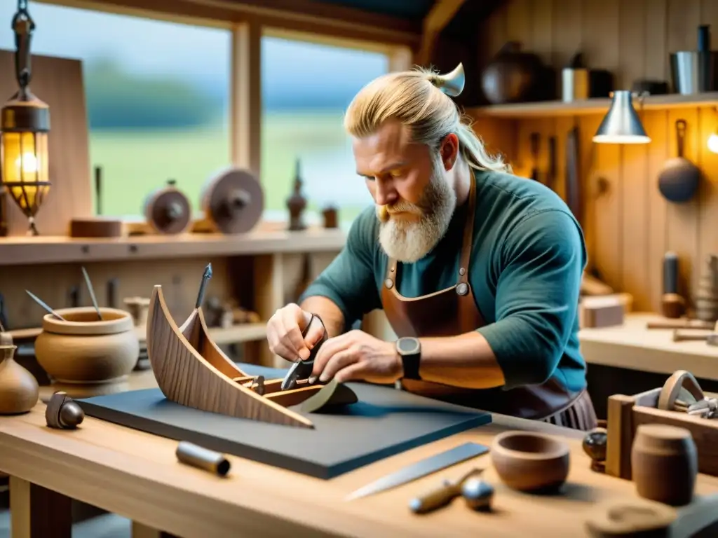 Un artesano construye maqueta de drakkar vikingo con detalle y destreza en su taller iluminado