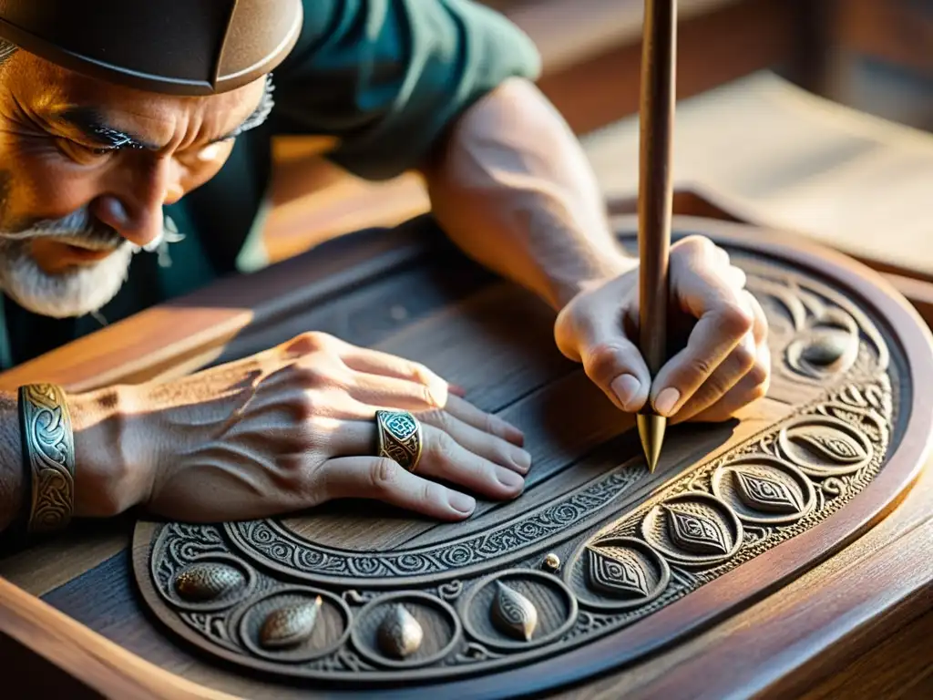 Un artesano construye maqueta drakkar vikingo con detalle y destreza en madera, iluminado por su dedicación