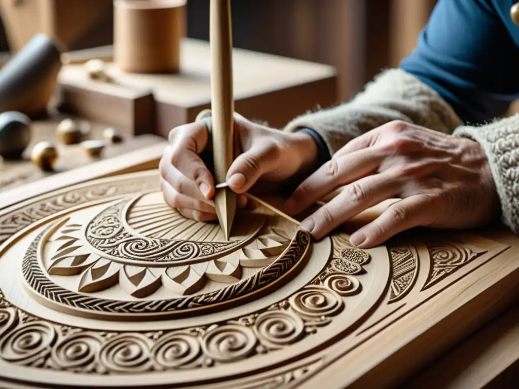 Un artesano meticuloso talla diseños en una réplica de barco vikingo, destacando la artesanía modelos barcos vikingos con destreza y dedicación