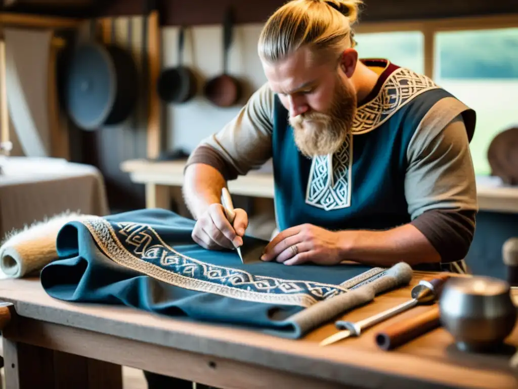 Un artesano meticuloso en su taller confeccionando un atuendo vikingo paso a paso, resaltando la bordado y detalles auténticos