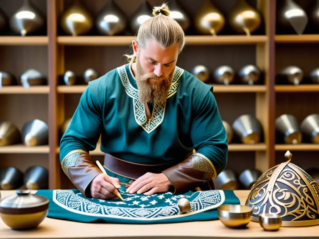 Un artesano meticuloso recrea una túnica vikinga con herramientas tradicionales y patrones intrincados