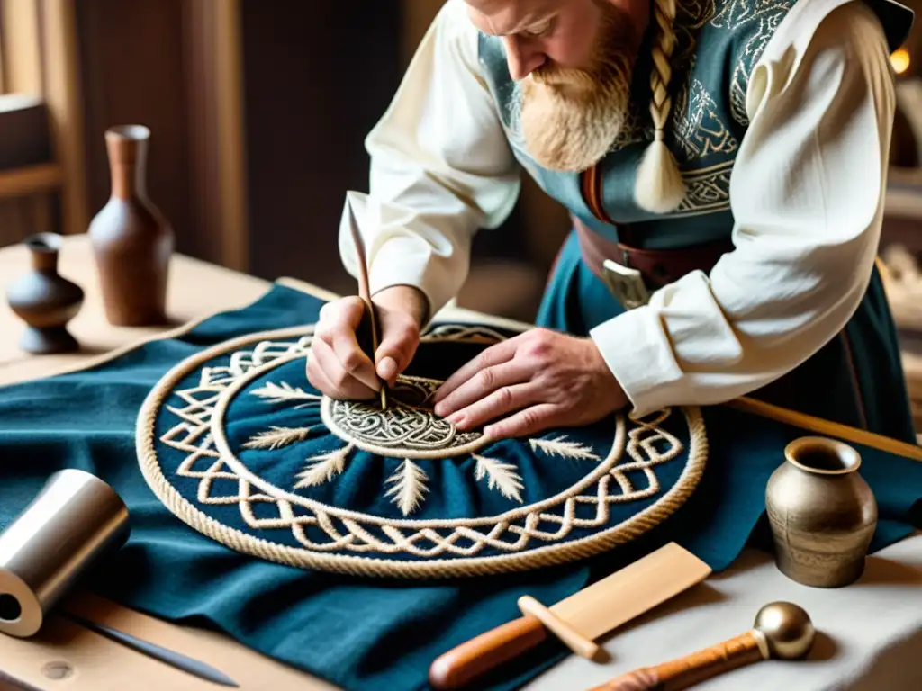 Un artesano meticuloso crea un vestido vikingo elegante y atemporal, destacando la destreza y la historia