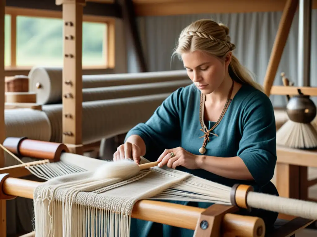 Un artesano moderno tejiendo lino con técnicas vikingas, destacando la producción y uso del lino vikingo