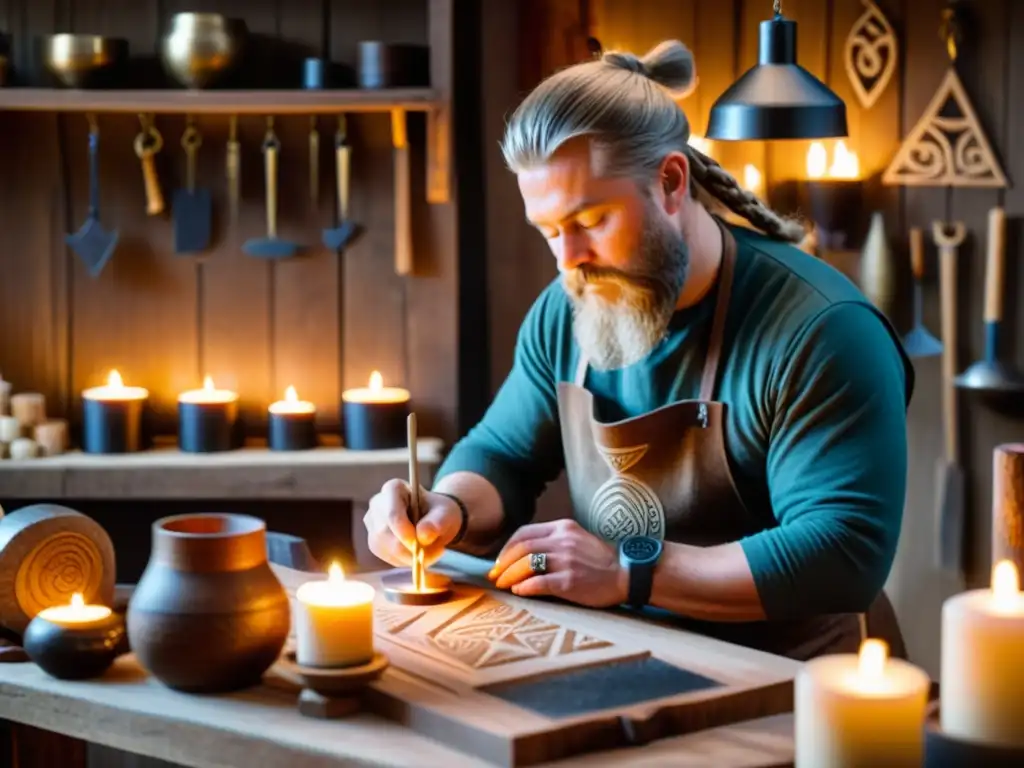 Un artesano nórdico moldea velas y lámparas en su taller, con símbolos y runas vikingas