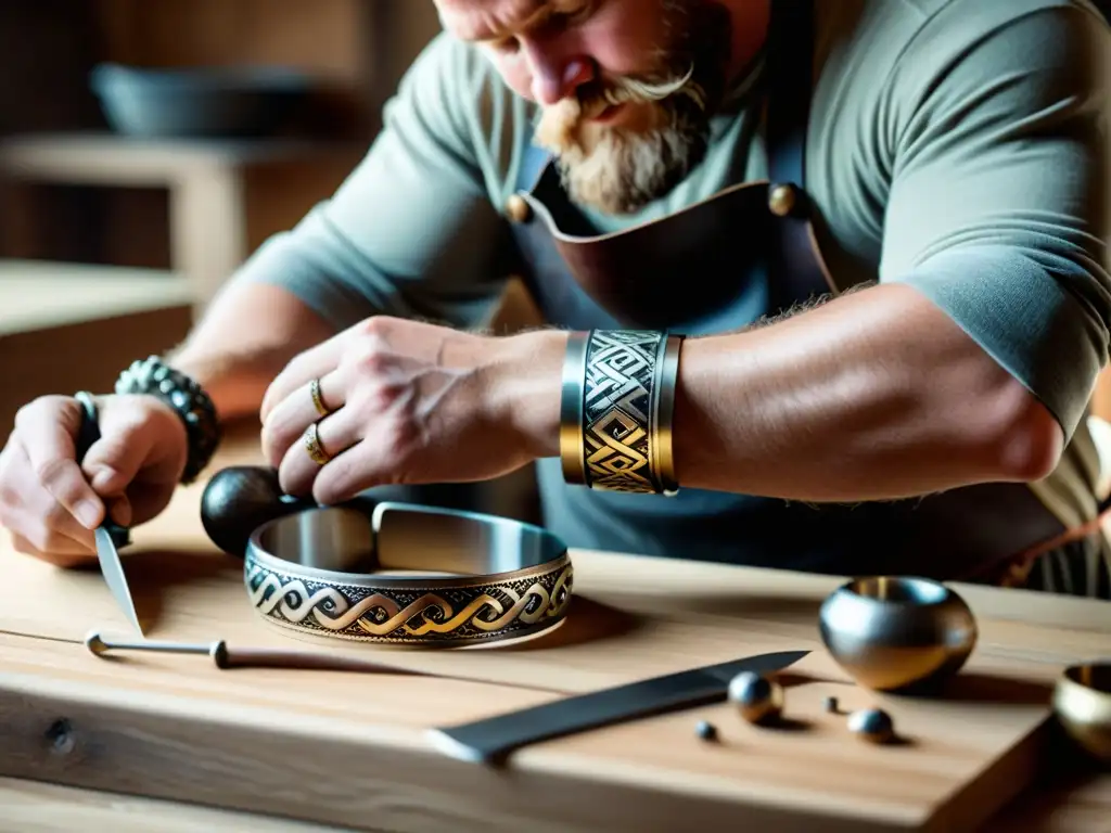 Un artesano hábil crea una pulsera vikinga detallada, rodeado de herramientas en un banco de trabajo de madera, bañado en luz natural