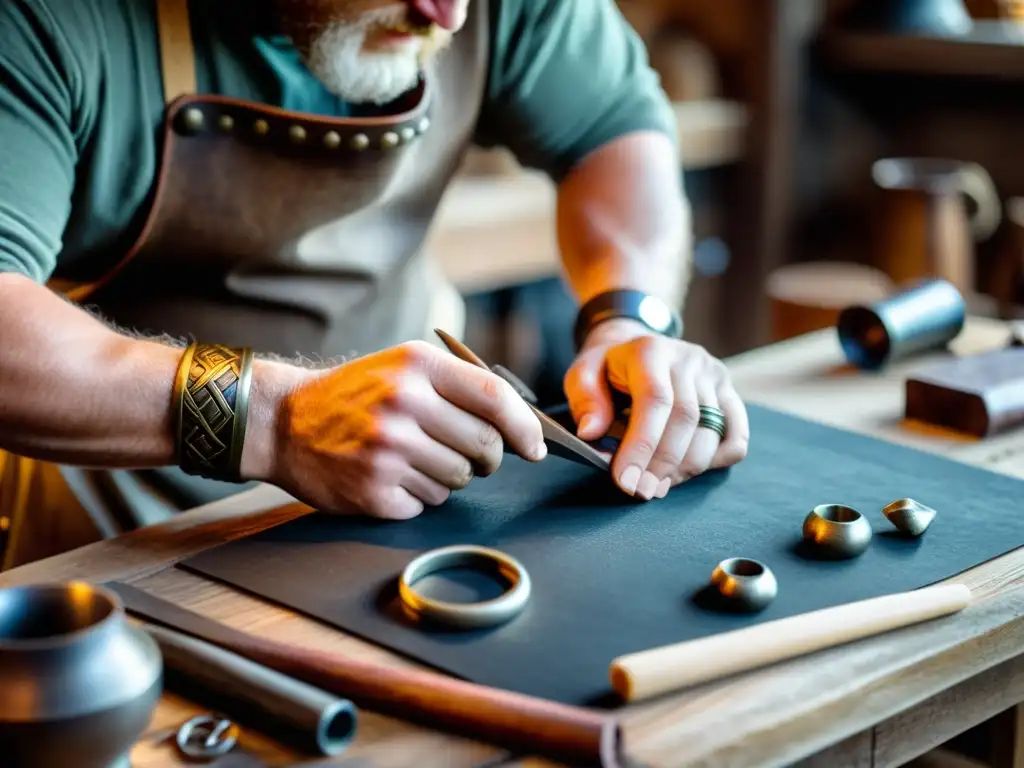 Hábil artesano forja pulsera vikinga con técnicas tradicionales