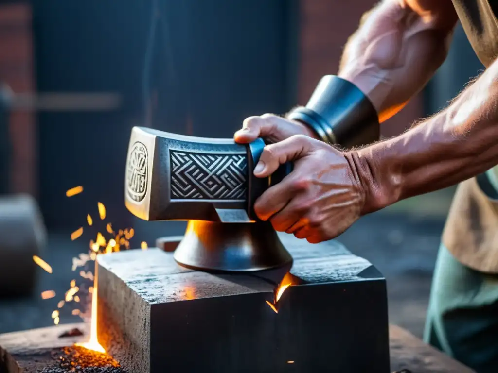 Un artesano forjando una réplica perfecta del Martillo de Thor, con chispas y metal al rojo vivo, reflejando destreza y pasión por la artesanía