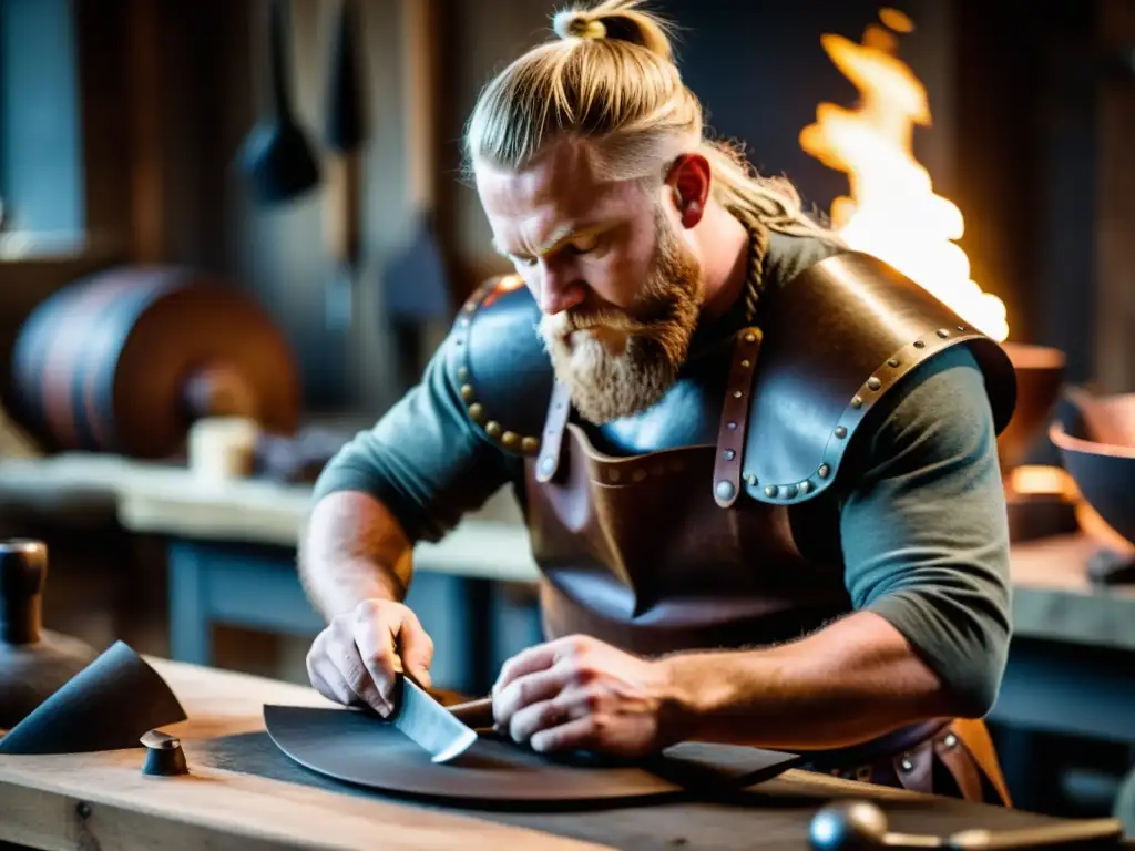 Un artesano hábil crea réplicas de armaduras era vikinga con técnicas tradicionales en un taller iluminado tenue