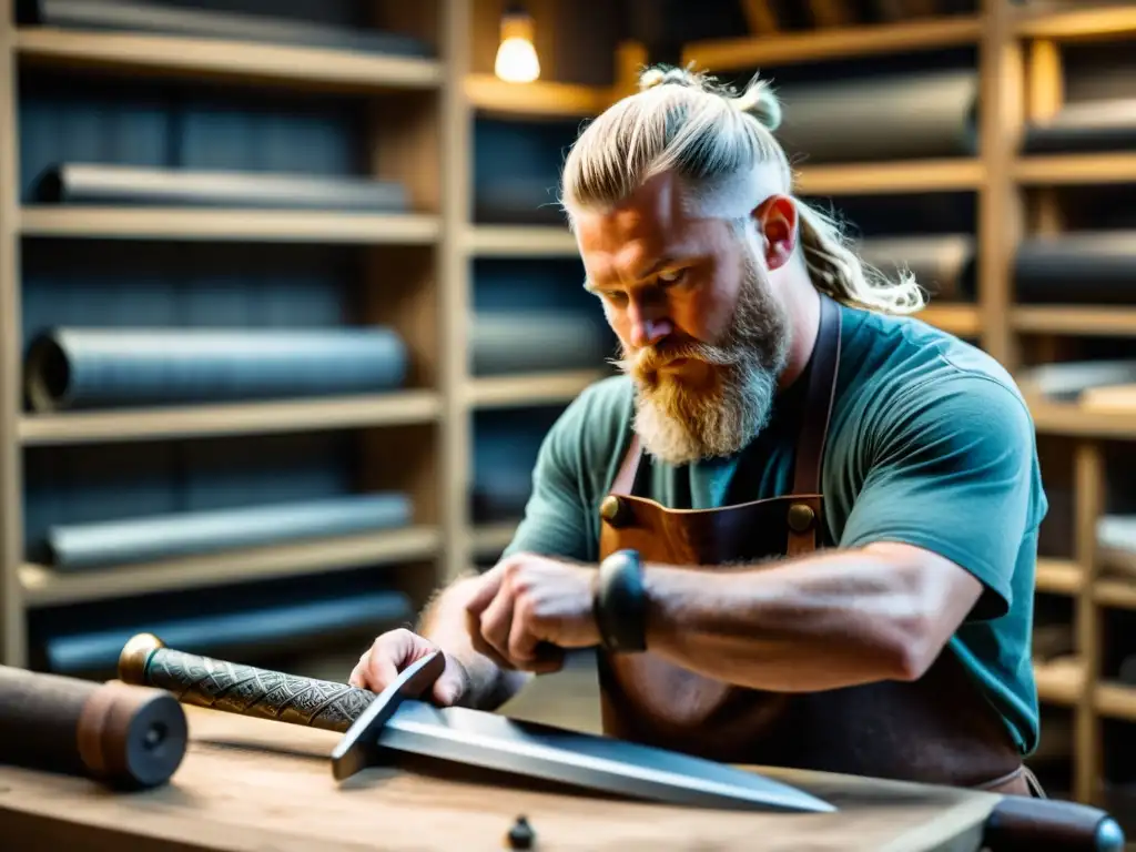 Artesano recreando réplicas de armas vikingas educativas con precisión en taller histórico