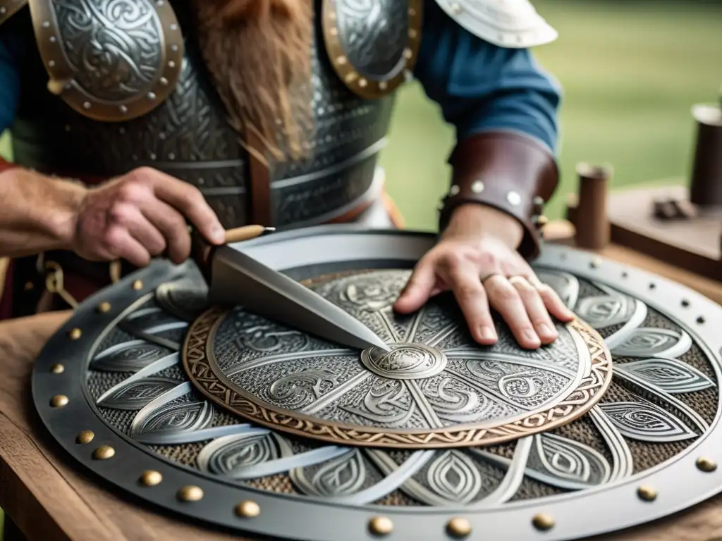 Artesano recrea réplicas auténticas armaduras batalla vikingas con dedicación y maestría, rodeado de herramientas de trabajo