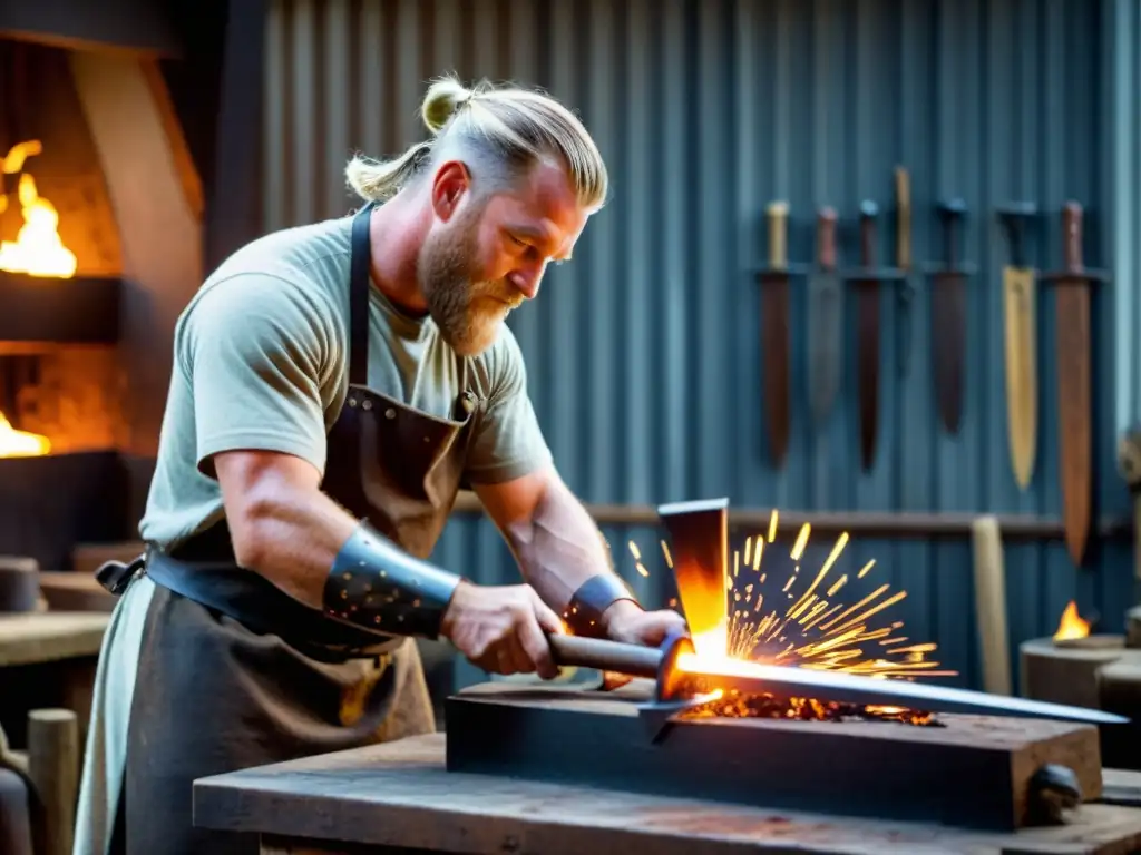 Artesano forjando réplicas espadas vikingas en taller tradicional