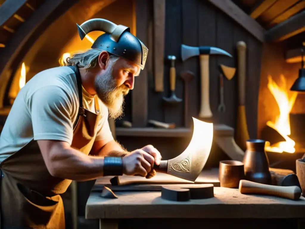 Un artesano creando réplicas hachas vikingas con dedicación en un taller iluminado por una forja