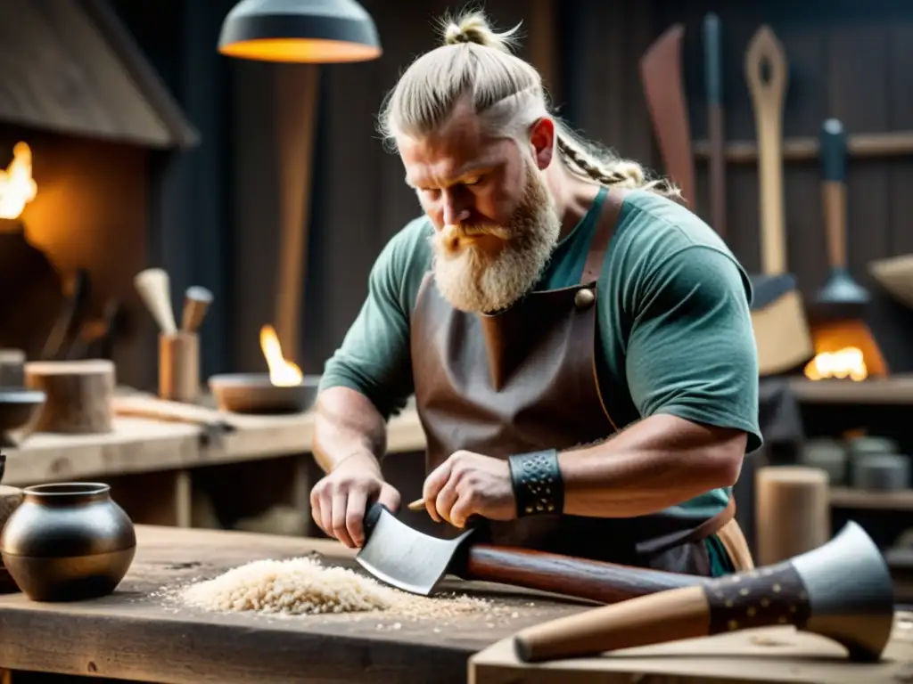 Artesano recrea réplicas hachas vikingas con maestría en taller sombrío